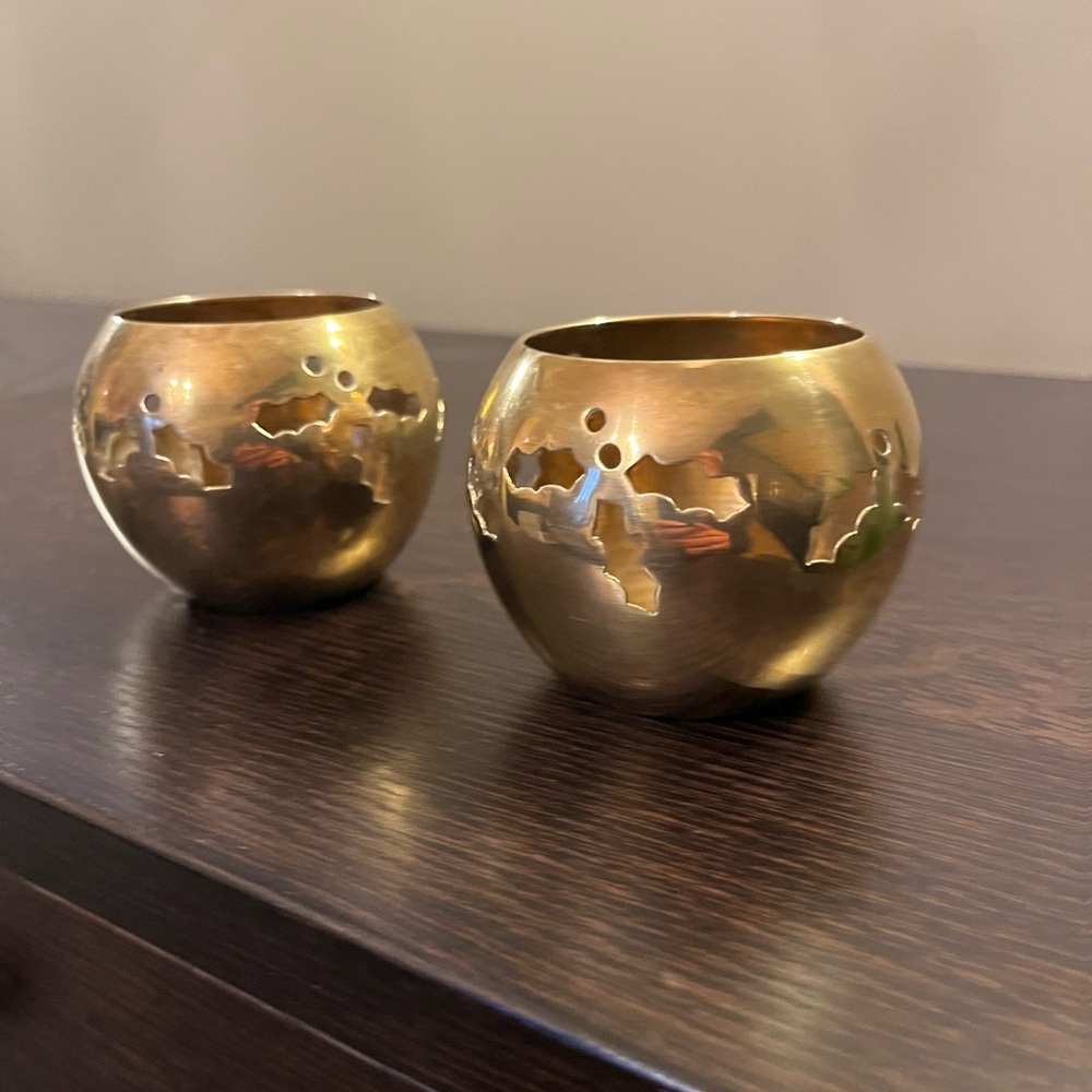 Pair Vintage Brass TeaLight Holders Christmas Holly Berries Cutouts